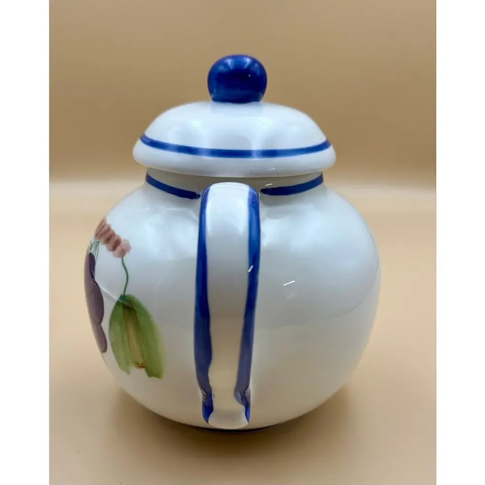 Vintage CBK Ltd China Porcelain Teapot Hand Painted Grapes Blue Trim Cottagecore